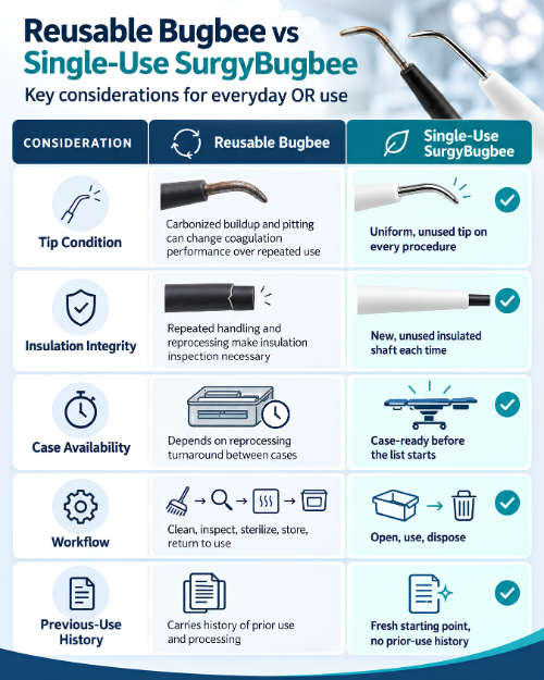 Reusable Bugbee vs single-use SurgyBugbee electrode comparison chart