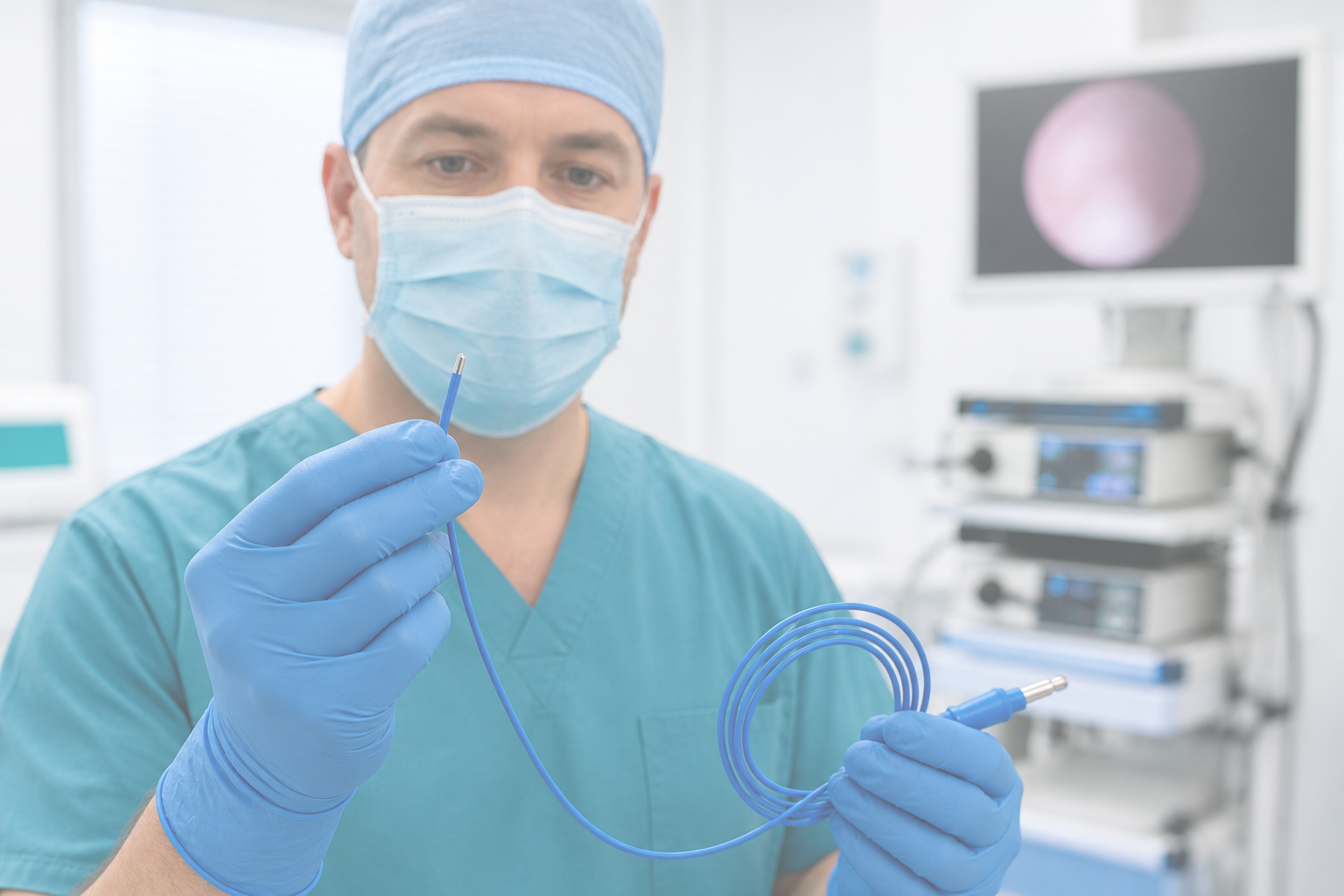 Urologist holding a SurgyCut single-use Bugbee electrode in an outpatient procedure room