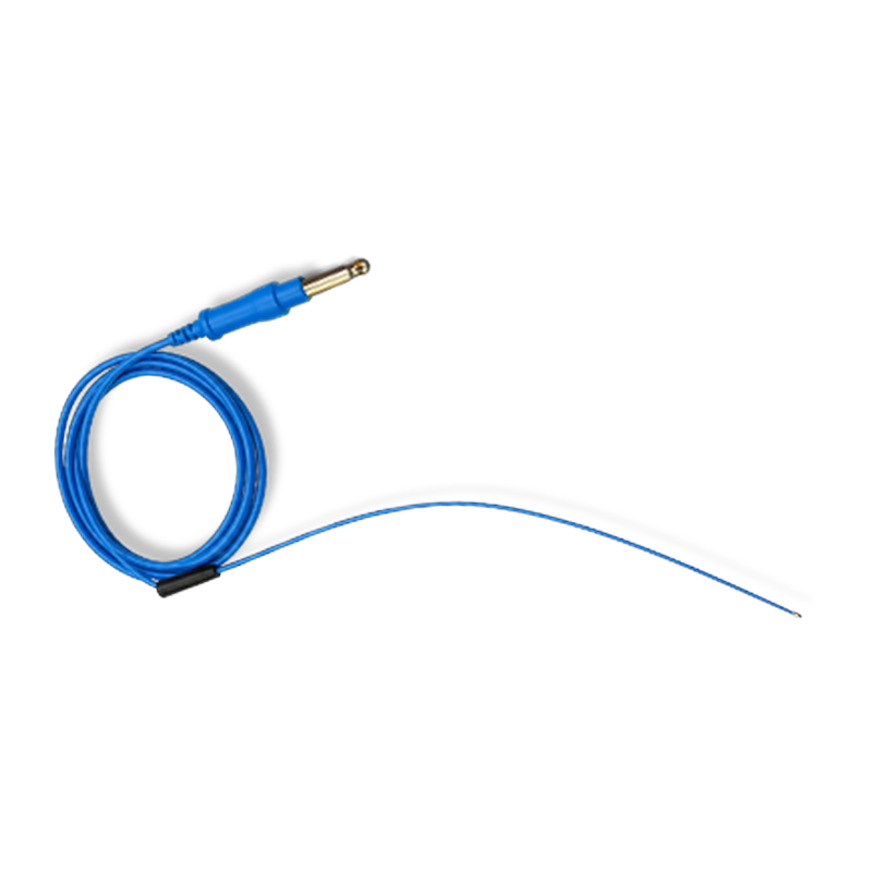 SurgyCut single-use Bugbee electrode with a coiled flexible shaft and blue connector